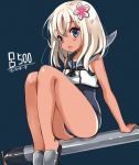  1girl black_swimsuit blonde_hair blue_background blue_eyes character_name crop_top full_body gouda_nagi kantai_collection long_hair one-piece_swimsuit one-piece_tan open_mouth ro-500_(kantai_collection) sailor_collar sandals school_swimsuit simple_background sitting solo swimsuit swimsuit_under_clothes tan tanline torpedo twitter_username upper_teeth 