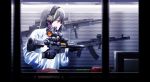  1girl ar-15 assault_rifle bangs black_gloves commentary_request copyright_name girls_frontline gloves grey_hair gun hair_between_eyes headphones highres holding holding_gun holding_weapon ihobus korean_commentary long_hair long_sleeves looking_to_the_side m4_carbine m4a1_(girls_frontline) midriff navel profile rifle scope solo standing turtleneck upper_body weapon 