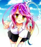  1girl arm_behind_head black_skirt blue_sky blush breasts cleavage cross day gradient_eyes gradient_hair hair_ornament hair_scrunchie halo highres jibril_(no_game_no_life) large_breasts leaning_forward long_hair looking_at_viewer magic_circle mimi0846 multicolored multicolored_eyes multicolored_hair no_game_no_life orange_eyes parted_lips pink_hair scrunchie shirt skirt sky solo symbol-shaped_pupils thighhighs very_long_hair white_legwear white_shirt wing_ears yellow_eyes zettai_ryouiki 