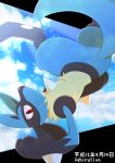  ahirulion blue_fur dog gen_4_pokemon lucario no_humans pokemon red_eyes sky spikes tail upside-down 