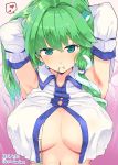  1girl armpits arms_up artist_name bangs breasts commentary_request dated frog_hair_ornament green_eyes green_hair hair_ornament hair_tubes heart kochiya_sanae large_breasts long_hair looking_at_viewer mouth_hold navel puuakachan shirt single_sidelock smile snake_hair_ornament solo spoken_heart stomach touhou twitter_username tying_hair upper_body white_shirt 