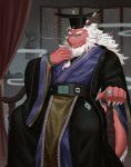  anthro beads beard belt chair claws clothing dragon eastern_dragon emperor facial_hair flesh_whiskers hair hat headgear headwear horn kemono long_hair looking_at_viewer male mature_male moziqiao red_body red_eyes ring robe scalie smoke solo throne white_hair 