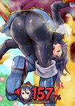  1girl ass bent_over black_pants blue_eyes blue_footwear blue_hair blurry blurry_background blush boots cape character_name commentary_request depth_of_field fire_emblem fire_emblem:_kakusei from_behind gameplay_mechanics kirby_(series) knee_boots leg_up long_hair long_sleeves looking_at_viewer looking_back lucina nintendo nose_blush one_eye_closed outdoors pants purple_cape rokujyouwasitu solo standing standing_on_one_leg steaming_body super_smash_bros. sweat sweating_profusely tiara tight tight_pants whispy_woods 