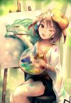  1girl absurdres animal_ears artist_painter beret black_shorts brown_hair bunny_ears canvas_(object) collarbone commentary dragalia_lost drawing english_commentary fleur hair_tubes hat highres midgardsormr_(dragalia_lost) one_eye_closed open_mouth paint paintbrush painting_(object) palette ryo-suzuki shirt short_hair shorts sitting smile smock solo stool thighs tree yellow_eyes yellow_headwear yellow_shirt 