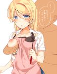  1boy 1girl :o apron ayase_eli blonde_hair blue_eyes blush bra bra_pull breast_grab breasts collarbone collared_shirt dark_skin dark_skinned_male faceless faceless_male grabbing grabbing_from_behind groping hair_between_eyes hair_down hetero holding_ladle ladle long_hair love_live! love_live!_school_idol_project medium_breasts mogu_(au1127) nipples one_breast_out pink_apron shirt short_sleeves sweatdrop translation_request underwear upper_body white_background white_shirt 