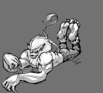  5_toes book clothed clothing digimon digimon_(species) feet hearth_taro hi_res leomon lying male mane muscular muscular_male on_front pants solo toes topless 