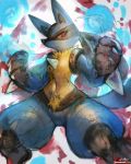  anthro black_fur blue_fur breasts chest_spike crotch_tuft eyelashes featureless_breasts featureless_crotch female fist fur girlsay hi_res looking_aside looking_at_viewer looking_down low-angle_view lucario navel nintendo pok&eacute;mon pok&eacute;mon_(species) pose pubic_mound red_eyes small_breasts solo thick_thighs video_games wide_hips yellow_fur 
