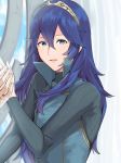  1boy 1girl a_meno0 bed blue_eyes blue_hair blush couple fire_emblem fire_emblem:_kakusei hair_between_eyes hand_holding long_hair looking_at_viewer lucina male_my_unit_(fire_emblem:_kakusei) mamkute my_unit_(fire_emblem:_kakusei) nintendo simple_background smile tattoo tiara 