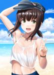  1girl :d alternate_costume arm_up armpits bangs beach belly_peek black_hair blue_skirt blue_sky blush breasts cloud collarbone commentary_request crop_top day flat_cap fubuki_(kantai_collection) green_eyes hand_on_headwear hat highres ichikawa_feesu kantai_collection long_hair looking_at_viewer low_ponytail midriff navel ocean open_mouth outdoors ponytail sand see-through short_ponytail sidelocks skirt sky sleeveless small_breasts smile solo v water wet white_crop_top 