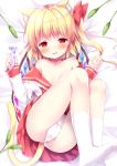  1girl animal_ear_fluff animal_ears bare_shoulders bed_sheet blonde_hair blush breasts cat_ears cat_tail cat_teaser collarbone commentary_request drooling eyebrows_visible_through_hair flandre_scarlet irori kemonomimi_mode long_sleeves looking_at_viewer lying medium_hair off_shoulder on_back one_side_up open_clothes panties parted_lips pleated_skirt red_eyes red_skirt skirt small_breasts socks solo tail touhou underwear vial white_legwear white_panties 
