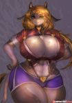  anthro big_breasts black_fur blonde_hair blush bottomwear bovid bovine breasts cattle choker cleavage cleavage_cutout clothed clothing curvaceous female freckles fur girlsay green_eyes hair hand_on_hip heterochromia hi_res horn looking_at_viewer mammal multicolored_clothing multicolored_fur portrait purple_clothing red_clothing red_eyes shorts thick_thighs three-quarter_portrait white_fur wide_hips 