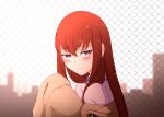  1girl blush brown_hair chain-link_fence deredereday eyebrows_visible_through_hair fence jacket long_hair looking_at_viewer makise_kurisu necktie outdoors red_hair red_neckwear rooftop shirt solo steins;gate 