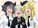  3girls :d anchovy anzio_school_uniform arm_around_shoulder artist_name bangs beret black_cape black_hair black_headwear black_neckwear black_ribbon blonde_hair braid cape carpaccio commentary dress_shirt drill_hair emblem eyebrows_visible_through_hair girls_und_panzer green_hair hair_ribbon hair_tie hat long_hair long_sleeves multiple_girls necktie open_mouth pepperoni_(girls_und_panzer) ribbon ruka_(piyopiyopu) school_uniform shirt short_hair side-by-side side_braid smile standing twin_drills twintails twitter_username upper_body white_shirt 