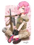  1girl assault_rifle bubble_blowing bullpup camouflage chewing_gum earpiece gloves gun hair_ornament hairclip handgun highres holding holding_gun holding_weapon indian_style looking_at_viewer original pink_hair pistol plate_carrier red_eyes rifle sekino_takehiro shoes short_hair sitting sneakers solo steyr_aug weapon 