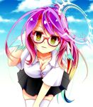  1girl arm_behind_head black_skirt blue_sky blush breasts cleavage cross day glasses gradient_eyes gradient_hair hair_ornament hair_scrunchie halo highres jibril_(no_game_no_life) large_breasts leaning_forward long_hair looking_at_viewer magic_circle mimi0846 multicolored multicolored_eyes multicolored_hair no_game_no_life orange_eyes parted_lips pink_hair scrunchie shirt skirt sky solo symbol-shaped_pupils thighhighs very_long_hair white_legwear white_shirt wing_ears yellow_eyes zettai_ryouiki 
