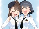  2girls :d amaretto_(girls_und_panzer) anzio_school_uniform arm_around_shoulder asymmetrical_bangs bangs beret black_hair black_headwear black_neckwear braid brown_hair clenched_hand commentary_request dress_shirt emblem eyes_closed girls_und_panzer hair_tie hat long_hair long_sleeves multiple_girls necktie open_mouth partial_commentary pepperoni_(girls_und_panzer) ruka_(piyopiyopu) school_uniform shirt short_hair side-by-side side_braid smile upper_body v-shaped_eyebrows white_shirt 