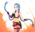  alternate_hair_color bikini_top blue_hair blush braid bullet deredereday gloves jewelry jinx_(league_of_legends) league_of_legends long_hair makeup navel necklace pink_eyes short_shorts shorts simple_background twin_braids very_long_hair 