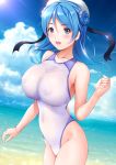  1girl absurdres beach blue_eyes blue_hair blue_sky breasts cloud collarbone commentary_request competition_swimsuit covered_navel cowboy_shot day double_bun dragon@harry dutch_angle erect_nipples hat highres horizon kantai_collection large_breasts long_hair looking_at_viewer ocean one-piece_swimsuit outdoors sailor_hat sky solo swimsuit urakaze_(kantai_collection) white_swimsuit 