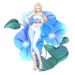  1girl absurdres blonde_hair blue_eyes blue_flower blue_pants blue_shirt bracelet breasts capri_pants earrings flower full_body gladiator_shoes gold_footwear highres jewelry leaf long_hair navel pants rwby salem shirt single_bare_shoulder solo sunnypoppy taut_clothes taut_shirt white_background 