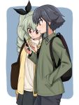  2girls anchovy backpack bag bangs black_hair black_pants black_ribbon black_shirt black_skirt blue_background braid brown_eyes brown_jacket casual cellphone commentary cowboy_shot drill_hair eyebrows_visible_through_hair from_side girls_und_panzer green_hair hair_ribbon hair_tie hand_in_pocket highres holding holding_cellphone holding_phone jacket long_hair long_sleeves miniskirt multiple_girls open_clothes open_jacket open_mouth outside_border pants pepperoni_(girls_und_panzer) phone pleated_skirt pointing red_eyes ribbed_sweater ribbon rounded_corners ruka_(piyopiyopu) shirt short_hair side_braid skirt smartphone standing sweater turtleneck twin_drills twintails white_sweater yellow_jacket 