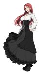  1girl :o absurdres black_dress black_footwear blue_eyes breasts cleavage dress full_body hand_on_hip highres large_breasts long_hair looking_at_viewer original red_hair sblack shirt simple_background solo white_background white_shirt 