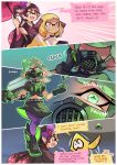  2019 agent_4_(splatoon) amber_eyes animal_humanoid black_hair blonde_hair callie_(splatoon) cephalopod cephalopod_humanoid clothed clothing comic dialogue digital_media_(artwork) english_text exotic_pupils female gas_mask green_eyes green_hair group hair hi_res humanoid inkling japanese_clothing kimono long_hair marie_(splatoon) marine marine_humanoid mask mollusk mollusk_humanoid nintendo sapphire1010 short_hair splatoon squid_sisters_(splatoon) tentacle_hair tentacles text uniform video_games weapon yellow_eyes 