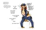  2018 absurd_res anthro barking blush breasts canid canine canis chest_tuft clothing dialogue domestic_dog female forced forced_transformation hair hat headgear headwear hi_res mammal nipples open_mouth police police_uniform red_hair shaking simple_background solo transformation trembling tuft uniform unseen_character watsup white_background 