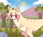  1girl animal_ear_fluff animal_ears animalization bangs blonde_hair blue_sky blush bush cloud comet commentary_request day dinosaur eyebrows_visible_through_hair fox_ears hair_between_eyes highres kemomimi-chan_(naga_u) long_hair looking_at_viewer mountain naga_u original outdoors palm_tree red_eyes sidelocks sky solo tree tyrannosaurus_rex 