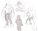  absurd_res back_muscles butt clothed clothing digimon digimon_(species) hearth_taro hi_res leomon male meramon muscular muscular_male pants pose tagme topless wargreymon 