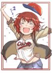  &gt;_&lt; :d bangs baseball_cap baseball_uniform black_jacket blue_skirt blush border breasts bunzou cowboy_shot denim denim_skirt furrowed_eyebrows groin hat hat_removed headwear_removed highres idolmaster idolmaster_cinderella_girls jacket letterman_jacket medium_breasts messy_hair midriff midriff_peek murakami_tomoe open_clothes open_jacket open_mouth red_border red_hair red_headwear shirt short_hair simple_background skirt smile sportswear sweatdrop tan_jacket tears unzipped white_background white_shirt xd 