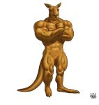  2019 3_toes abs anthro biceps black_eyes crossed_arms ear_tuft featureless_crotch full-length_portrait fur macropod male mammal marsupial muscular pecs portrait pose quads simple_background solo taku toes tuft white_background yellow_fur 