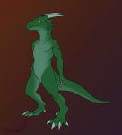  5_toes amber_eyes anthro claws countershade_face countershade_tail countershade_torso countershading dewclaw gradient_background green_scales hi_res horn kobold male nude scales simple_background solo spines standing toes vulkalu 