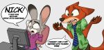  anthro canid canine clothing comic disney female fox fur hi_res johnmigleart judy_hopps lagomorph leporid male mammal nick_wilde rabbit simple_background text zootopia 