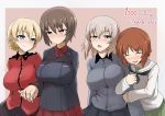  4girls arm_grab bangs black_jacket black_neckwear black_skirt blonde_hair blouse blue_eyes braid brown_background brown_eyes brown_hair closed_mouth commentary_request cursive darjeeling dress_shirt english_text epaulettes eyebrows_visible_through_hair eyes_closed followers frown girls_und_panzer grey_shirt half-closed_eyes hand_holding highres insignia interlocked_fingers itsumi_erika jacket kuromorimine_military_uniform kuromorimine_school_uniform long_hair long_sleeves looking_at_another looking_at_viewer military military_uniform multiple_girls neckerchief nishizumi_maho nishizumi_miho ooarai_school_uniform open_mouth outside_border pleated_skirt red_jacket red_shirt red_skirt school_uniform serafuku shanaharuhi shirt short_hair silver_hair skirt smile st._gloriana&#039;s_military_uniform standing thank_you tied_hair twin_braids uniform white_blouse wing_collar yuri 