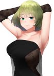  1girl absurdres armpits arms_behind_head arms_up bare_shoulders black_dress black_gloves blue_eyes breasts dress elbow_gloves fishnet_gloves fishnets gloves green_eyes green_hair heterochromia highres idolmaster idolmaster_cinderella_girls idolmaster_cinderella_girls_starlight_stage large_breasts looking_at_viewer mole mole_under_eye senju_(snz0) short_hair simple_background smile solo strapless strapless_dress takagaki_kaede unmoving_pattern upper_body white_background 