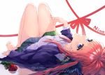  1girl bangs bare_legs barefoot black_ribbon blue_eyes blunt_bangs blush breasts character_name closed_mouth collarbone collared_shirt eyebrows_visible_through_hair flower go-toubun_no_hanayome hair_ornament hair_ribbon highres large_breasts long_hair long_sleeves looking_at_viewer lying nakano_nino on_back pink_hair red_flower red_hair red_rose ribbon rose shirt simple_background skirt smile solo to_gemichi white_background white_shirt 