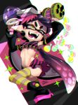  1girl :d ;d alternate_costume aori_(splatoon) arms_up black_footwear boots breasts burst_bomb_(splatoon) chromatic_aberration detached_sleeves domino_mask earrings fangs food food_on_head gradient_hair hair_rings highres isamu-ki_(yuuki) jewelry long_hair long_sleeves mask mini_splatling_(splatoon) miniskirt mole mole_under_eye multicolored_hair navel object_on_head one_eye_closed open_mouth pink_hair pointy_ears purple_hair signature skirt small_breasts smile solo sparkle splatoon_(series) striped striped_legwear striped_skirt suction_cups teeth tentacle_hair thighhighs two-tone_hair v-shaped_eyebrows very_long_hair wristband yellow_eyes 
