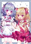  2girls adapted_costume animal_ears bat_wings blonde_hair blue_hair border bow cat_ears cat_tail commentary_request contrapposto cowboy_shot crystal dress eyebrows_visible_through_hair fang flandre_scarlet frilled_shirt_collar frilled_skirt frills gloves hair_between_eyes hair_bow kemonomimi_mode kneehighs layered_dress looking_at_viewer multiple_girls no_headwear open_mouth paw_pose puffy_short_sleeves puffy_sleeves red_dress red_eyes remilia_scarlet rimei short_sleeves siblings side_ponytail sisters skirt sparkle standing tail touhou white_background white_dress white_gloves white_legwear wings 