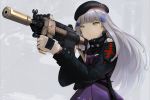  1girl assault_rifle bangs beret black_headwear buttons closed_mouth ginji74 girls_frontline gloves green_eyes gun h&amp;k_hk416 hair_ornament hat heckler_&amp;_koch hk416_(girls_frontline) holding holding_gun holding_weapon long_hair long_sleeves rifle silver_hair solo straight_hair weapon 