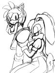  absurd_res amy_rose anthro bent_over butt clothing female female/female hi_res kneeling looking_back monochrome panties saltwatertoffee sketch sonic_(series) standing sweat tongue tongue_out underwear upskirt vanilla_the_rabbit 