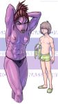  anthro breasts clothed clothing deltarune duo female hands_behind_head hi_res human kris_(deltarune) male mammal muscular muscular_female open_mouth purple_skin reptile scalie showdownas standing susie_(deltarune) tenting topless video_games 