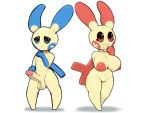  2018 4:3 absurd_res anthro balls big_breasts big_ears big_penis blue_eyes breasts dibujosv12 digital_media_(artwork) duo female hi_res male mammal minun minus nintendo nipples nude open_mouth penis plus plusle pok&eacute;mon pok&eacute;mon_(species) pok&eacute;morph pussy red_eyes shy smile thick_thighs video_games wide_hips 