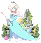  1girl aqua_dress bare_shoulders blonde_hair blue_eyes breasts bright_pupils closed_mouth crown dress earrings full_body gem hair_over_one_eye holding holding_wand jewelry long_hair long_sleeves mario_(series) nintendo off-shoulder_dress off_shoulder omochi_(glassheart_0u0) plant platinum_blonde_hair rosalina sleeves_past_wrists small_breasts solo standing star super_mario_galaxy wand water white_background white_pupils wide_sleeves 