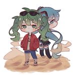  1girl aqua_eyes aqua_hair bangs black_legwear blush denim earrings eyewear_on_head full_body green_eyes green_hair hands_in_pockets hatsune_miku hn_(artist) jacket jeans jewelry long_hair looking_at_viewer pants profile red_jacket solo suna_no_wakusei_(vocaloid) sunglasses thighhighs twintails very_long_hair vocaloid 