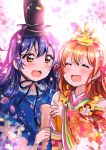  2girls absurdres bangs blue_hair blush commentary_request eyebrows_visible_through_hair eyes_closed floral_print hair_between_eyes hair_ornament highres holding hoshizora_rin japanese_clothes long_hair long_sleeves love_live! love_live!_school_idol_festival love_live!_school_idol_project multiple_girls open_mouth orange_hair short_hair smile sonoda_umi wide_sleeves yellow_eyes 