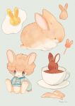  1boy afro animal animal_ears animal_focus blue_background blue_eyes blue_hoodie brown_hair bunny bunny_ears bunny_tail closed_mouth cup drawstring fried_egg furry highres hood hoodie male_focus manino_(mofuritaionaka) original signature simple_background sitting smile tail teacup 