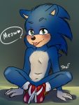  &lt;3 anthro blush clothing dialogue eulipotyphlan footwear green_eyes hedgehog hi_res krazyelf looking_at_viewer male mammal navel shoes sitting smile solo sonic_(series) sonic_the_hedgehog tongue tongue_out 