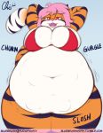  anthro belly big_belly big_breasts bikini bluebrush breasts clothing digestion digital_media_(artwork) english_text felid female female/female female_pred female_prey mammal navel oral_vore overweight pantherine size_difference stomach_noises swimwear text tiger vore 