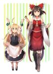  2girls ahoge alternate_eye_color apron arms_up ascot bangs bare_shoulders black_footwear black_hair black_skirt black_vest blonde_hair boots border bow breasts brown_eyes brown_footwear checkerboard_cookie collarbone cookie cross-laced_footwear detached_sleeves eyebrows_visible_through_hair food frilled_apron frills full_body green_background green_eyes hair_between_eyes hair_bow hakurei_reimu hand_up height_difference holding holding_food kirisame_marisa lace-up_boots long_hair long_sleeves mary_janes midriff_peek multiple_girls no_hat no_headwear outside_border petticoat puffy_short_sleeves puffy_sleeves red_bow red_skirt shin_(new) shirt shoes short_hair short_sleeves sidelocks skirt skirt_set small_breasts standing striped striped_background touhou vertical-striped_background vertical_stripes very_long_hair vest waist_apron white_apron white_background white_border white_shirt wide_sleeves wristband yellow_background yellow_neckwear younger 