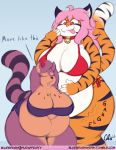  anthro belly big_belly big_breasts bikini bluebrush breasts clothing digital_media_(artwork) english_text felid female female/female female_pred female_prey mammal navel overweight pantherine size_difference stomach_noises swimwear text tiger vore 